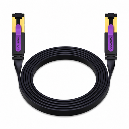 A coiled black flat Ethernet cable with yellow and purple connector housings, branded VENTION, on a plain white background.