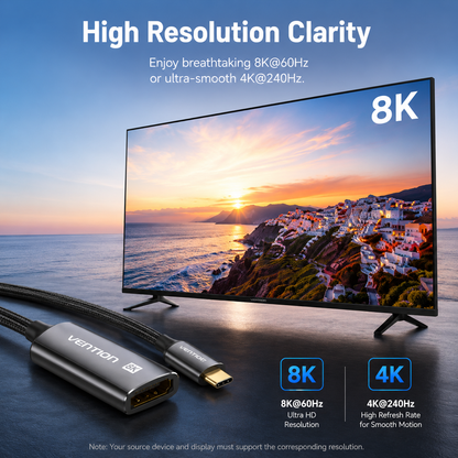 A Ventrion HDMI cable shown in the foreground with an 8K TV displaying a sunset coastal scene. Text at the top reads 'High Resolution Clarity' and the bottom right shows '8K' and '4K' performance badges.