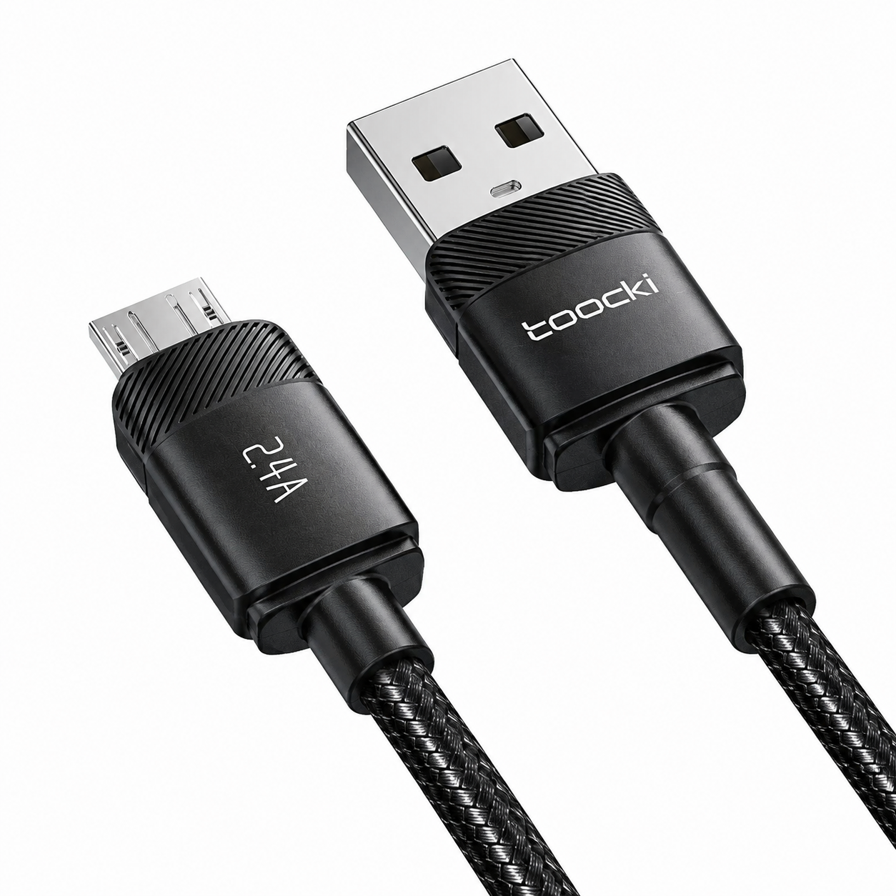 A Toocki USB-A to Micro-USB 2.4A charging cable with black braided connectors and a silver USB-A plug, shown on a white background.