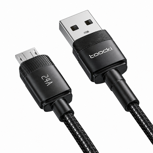 A Toocki USB-A to Micro-USB 2.4A charging cable with black braided connectors and a silver USB-A plug, shown on a white background.