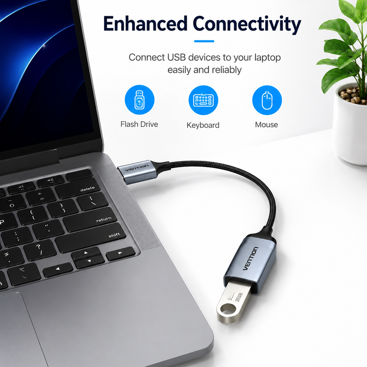 A VENTON USB hub adapter with a black cable and silver metal connector, shown plugged into a laptop on a white desk with a small potted plant. The background features a graphic with the text 'Enhanced Connectivity' and icons for Flash Drive, Keyboard, and Mouse.