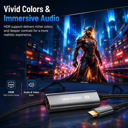 Vention 8K HDMI cable adapter with braided cable and gold-plated connectors, shown in front of a monitor displaying a futuristic city scene. Text highlights vivid colors, immersive audio, HDR support, and audio/video sync.