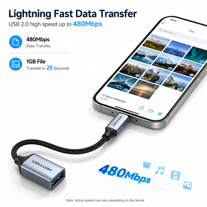 A USB-C to USB-A data adapter cable shown connected to a smartphone on a clean white background, with marketing text highlighting lightning-fast data transfer up to 480Mbps and a 1GB file transfer in 25 seconds. The adapter is branded Vention.
