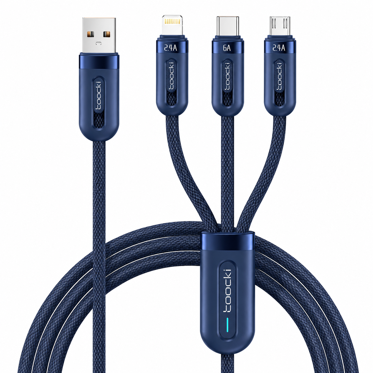 A blue braided USB-C charging cable with four parallel connector tips, including a USB-A head and three Lightning heads labeled 24A, 6A, and 21A. The brand name 'taocki' is printed vertically on the connector housings and a matching inline controller.