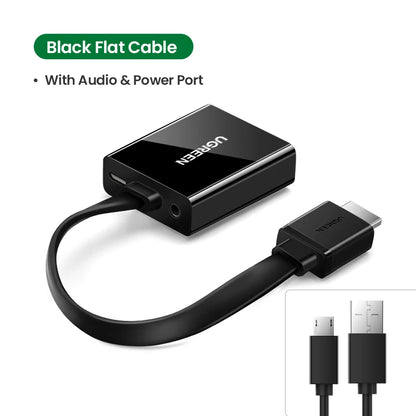 Black flat cable audio adapter with USB-C to HDMI and audio port, shown on a white background with text reading 'Black Flat Cable' and a small inset showing connector types.