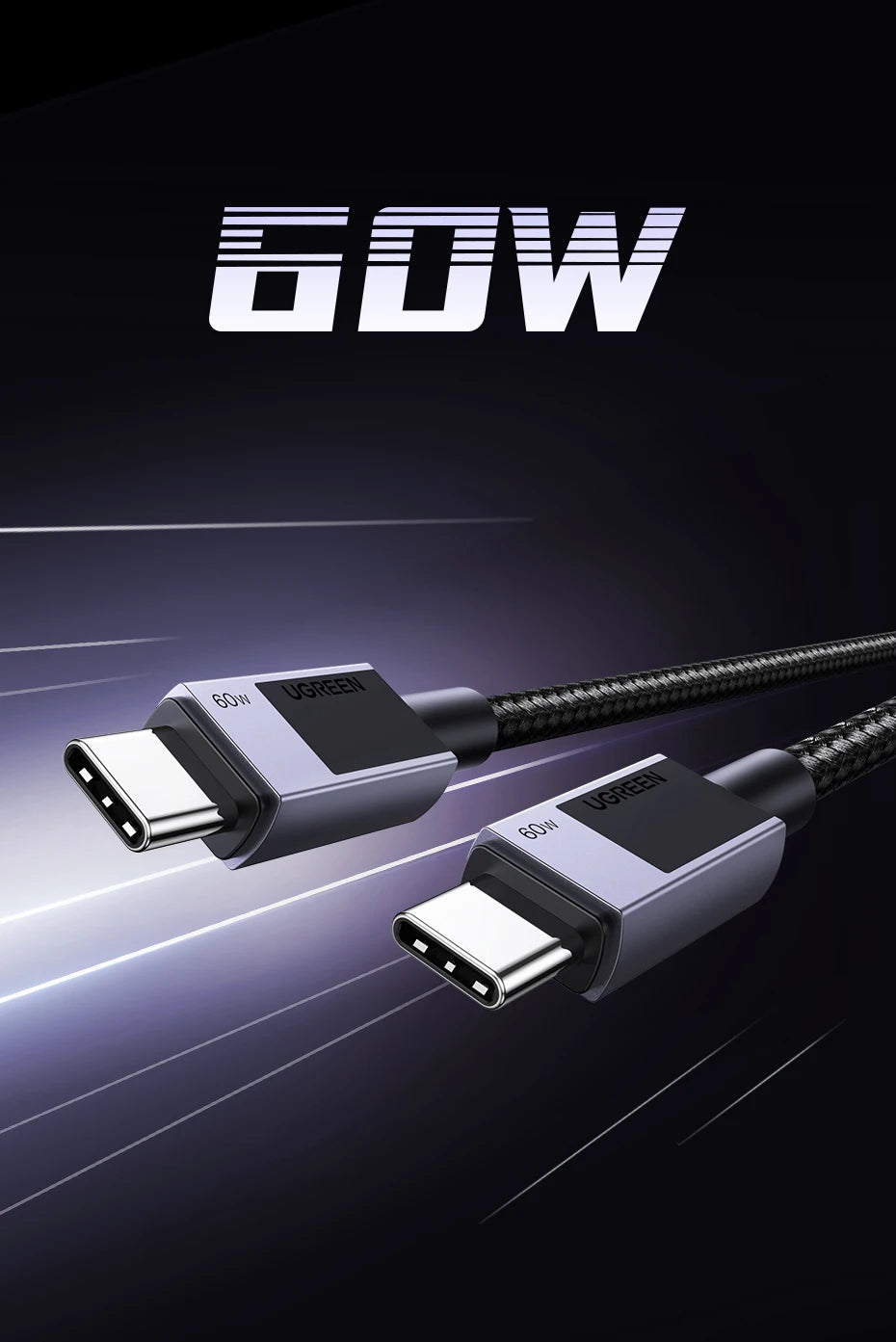 A 60W USB-C to USB-C cable shown at an angle against a dark, sleek background with light streaks and the text '60W' in large white letters at the top.