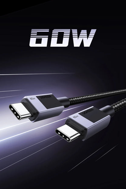 A 60W USB-C to USB-C cable shown at an angle against a dark, sleek background with light streaks and the text '60W' in large white letters at the top.