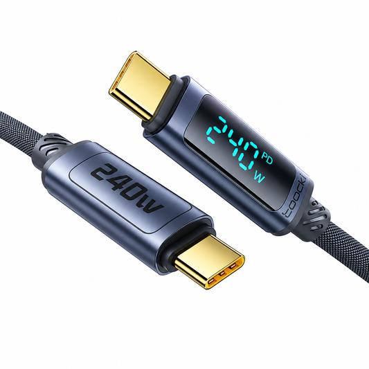 Two USB-C to USB-C charging cables with gold-plated connectors and a dark metallic blue body, featuring a digital LED display showing 240W and the brand name COOPI on one cable, set against a plain white background.