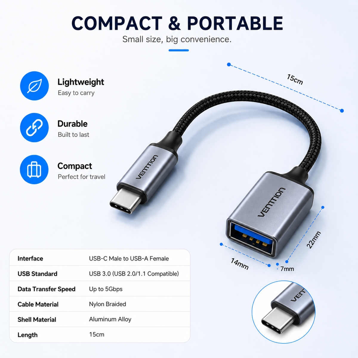 A compact USB-C to USB-A adapter cable with metallic silver ends, shown on a light blue background with feature icons, dimensions, and a material/specification table. The brand VENTON is visible on the connector housings.