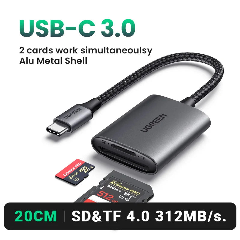 USB-C 3.0 adapter with UGREEN branding, showing compatibility with SD and TF cards.