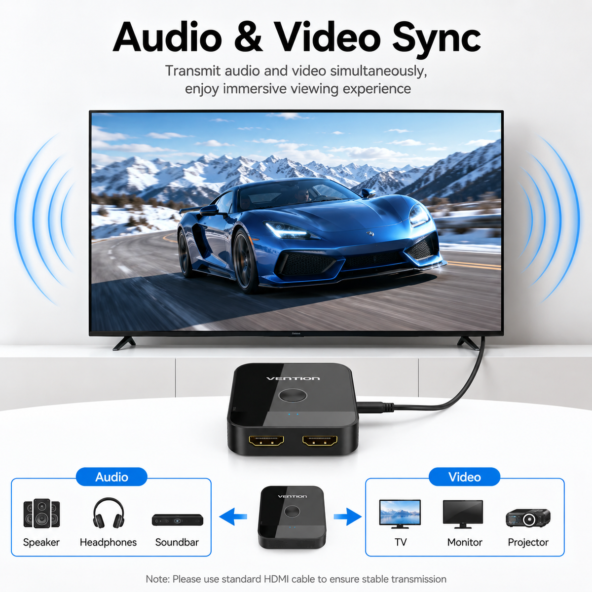A VIONYX audio and video sync box shown connected to a TV displaying a blue sports car, with text highlighting simultaneous audio and video transmission. The diagram also includes icons for speakers, headphones, soundbars, TV, monitor, and projector.