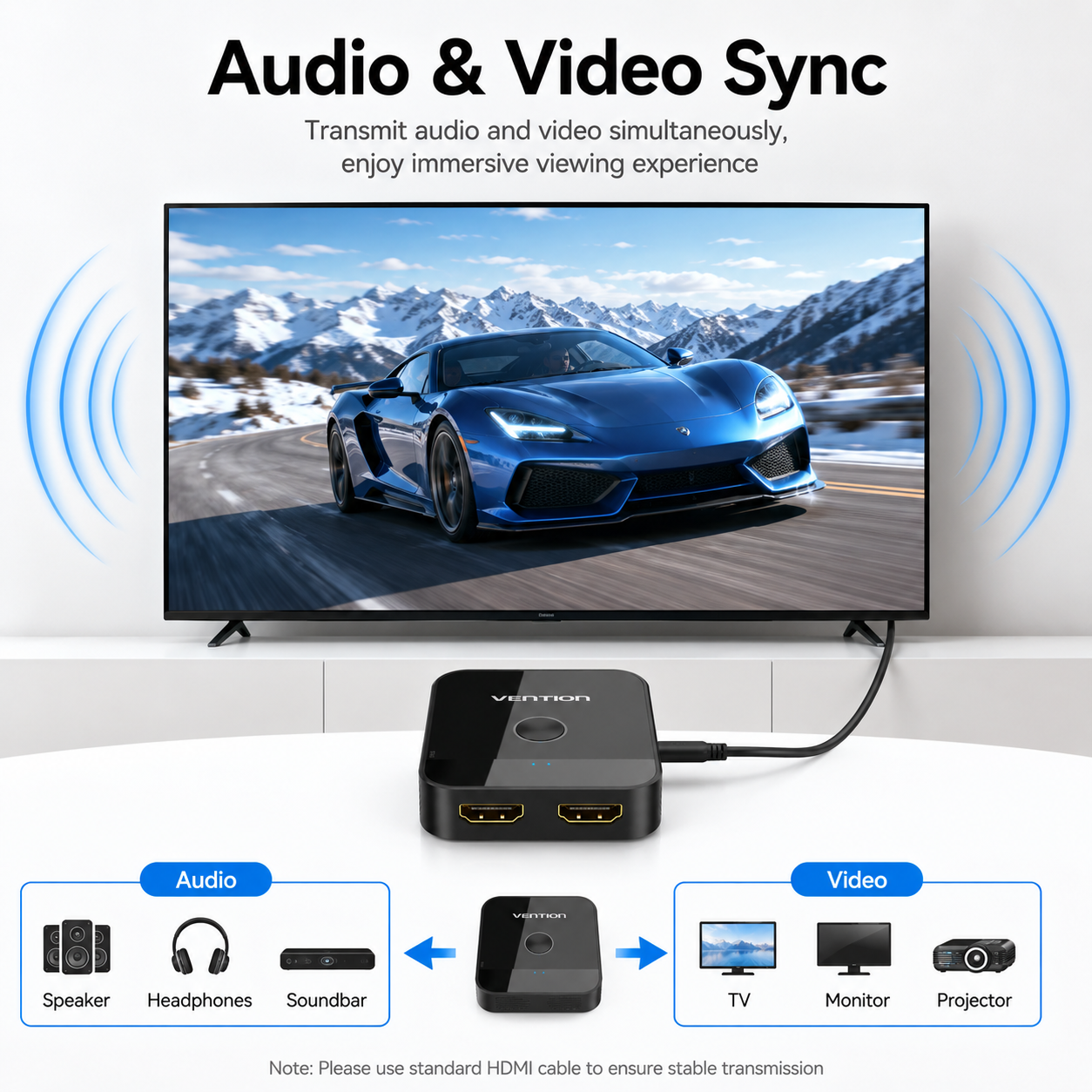 A VIONYX audio and video sync box shown connected to a TV displaying a blue sports car, with text highlighting simultaneous audio and video transmission. The diagram also includes icons for speakers, headphones, soundbars, TV, monitor, and projector.