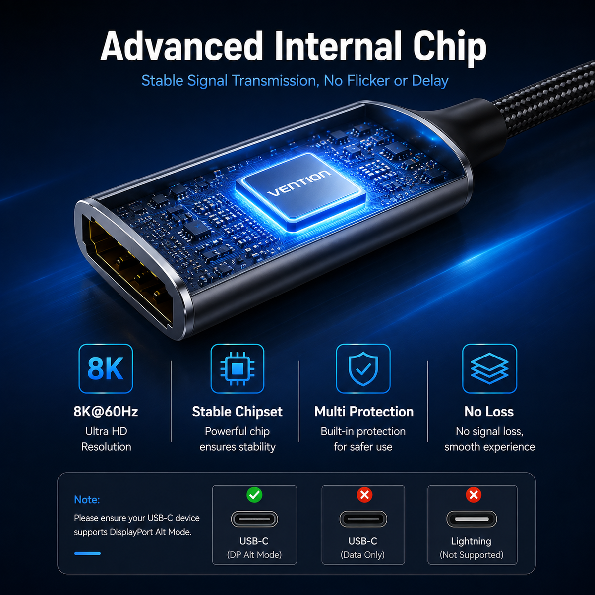 A Venum DisplayPort to USB-C cable adapter with an advanced internal chip, shown on a dark blue background with feature callouts for 8K@60Hz, stable chipset, multi protection, and no loss.