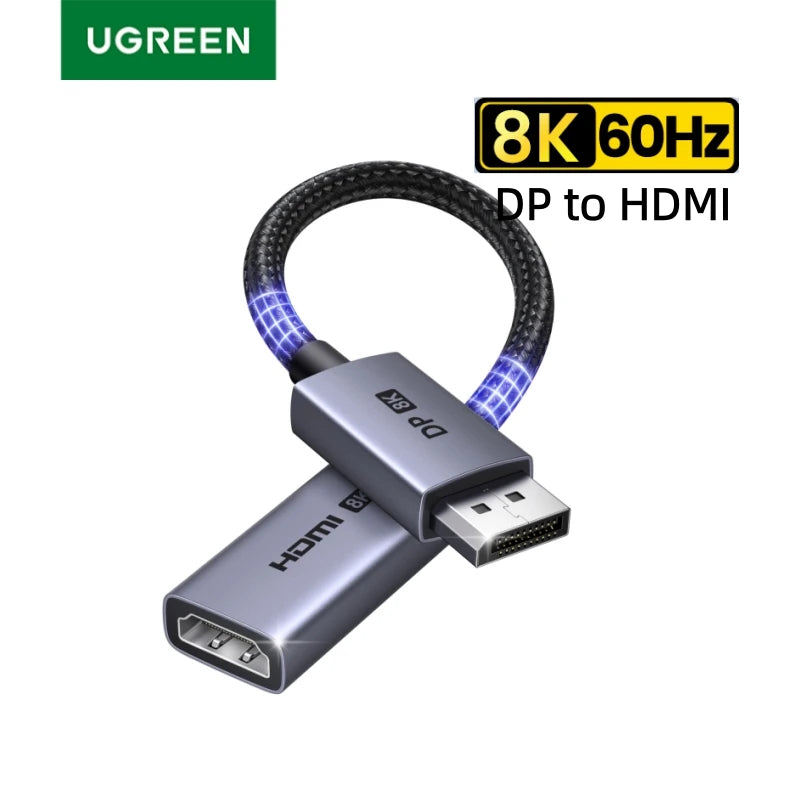 UGREEN DP to HDMI adapter cable with a braided black cord and blue LED lighting accents, featuring a silver metal connector housing and text overlays indicating 8K 60Hz support.