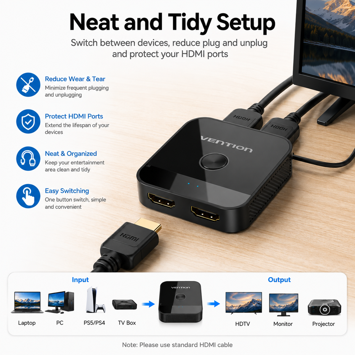 A Vention HDMI splitter adapter shown on a light wood surface with marketing text on the left and a usage diagram at the bottom illustrating input and output connections.
