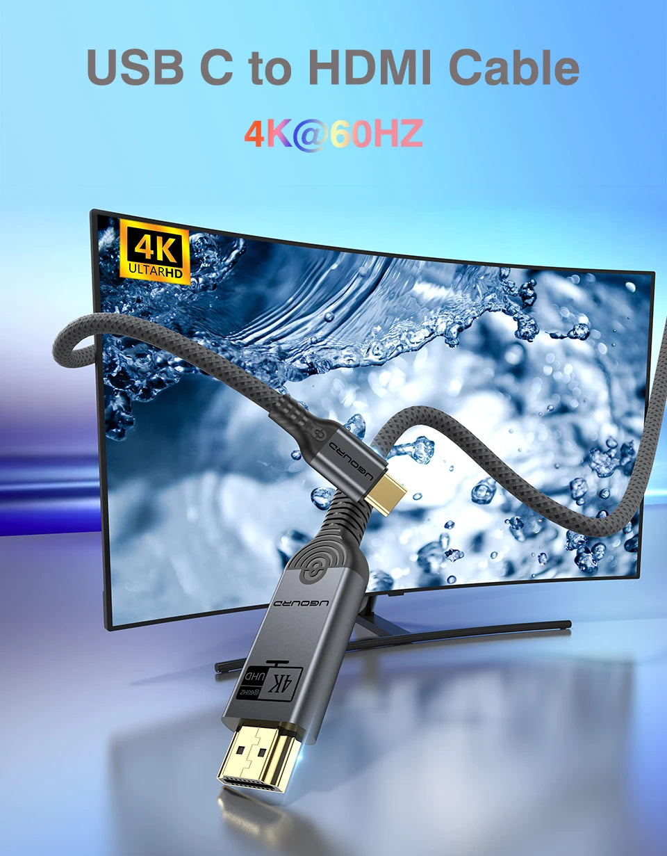 USB C to HDMI cable shown in front of a curved monitor displaying water imagery, with text reading 'USB C to HDMI Cable' and '4K@60HZ'.