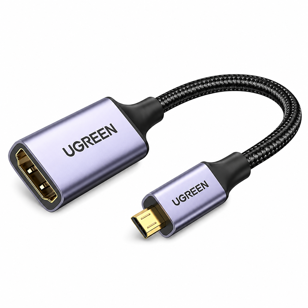 UGREEN HDMI female to Micro-USB male adapter cable with a metallic lavender-purple housing, black braided cord, and gold-plated connectors on a white background.