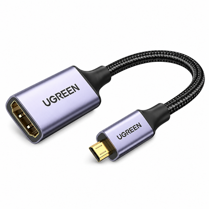 UGREEN HDMI female to Micro-USB male adapter cable with a metallic lavender-purple housing, black braided cord, and gold-plated connectors on a white background.
