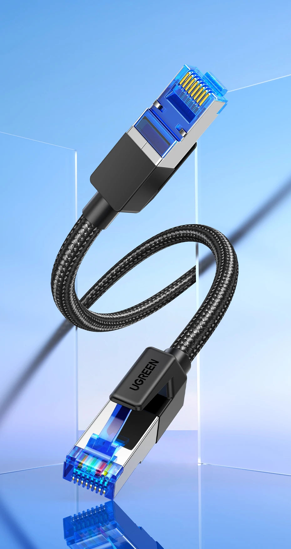 Ethernet cable with blue connectors on a blue gradient background