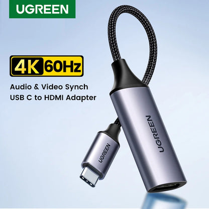 UGREEN USB-C to HDMI adapter with a silver metallic body, black connector, and braided cable, shown on a light blue gradient background with product text and a 4K 60Hz badge.