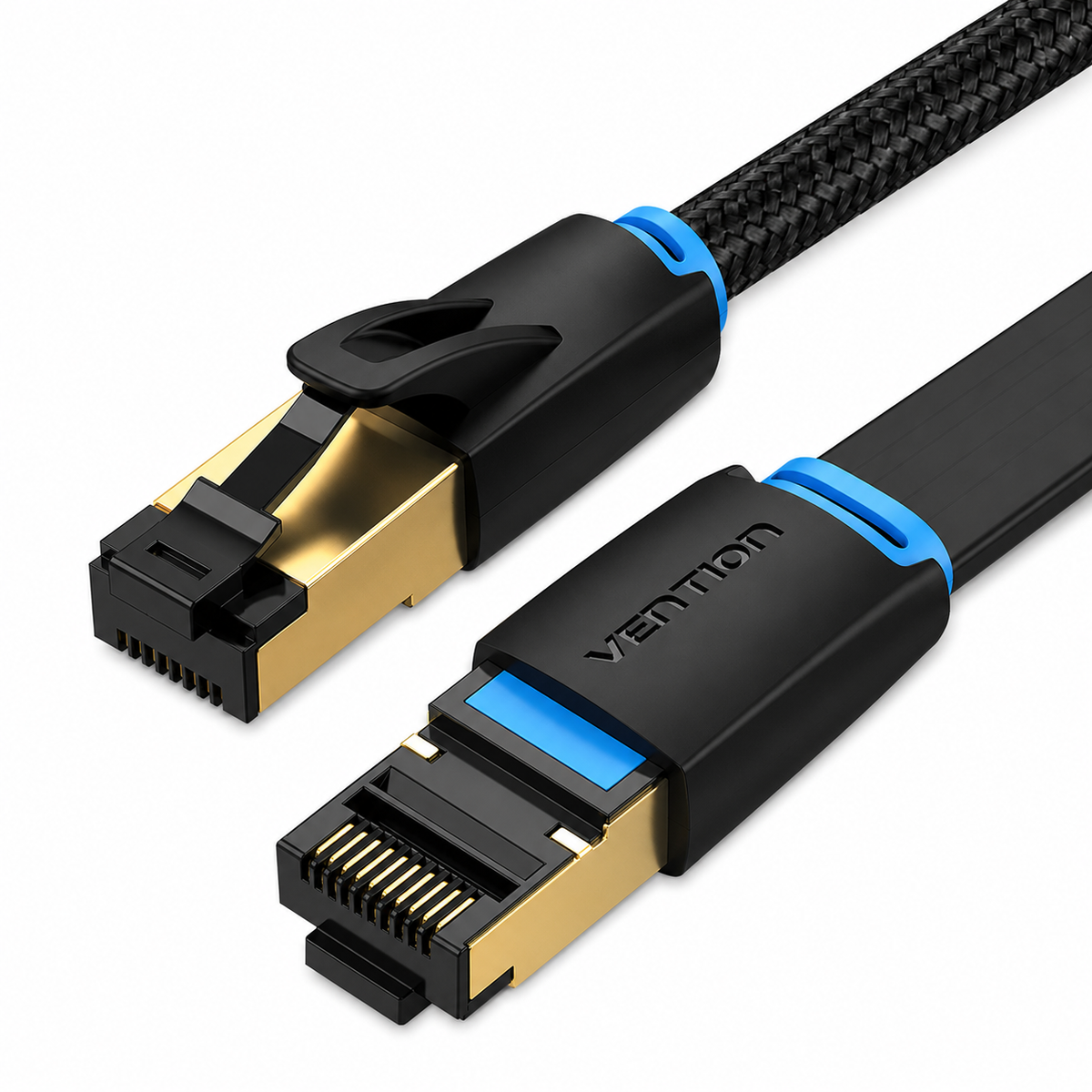 A close-up of a Vention HDMI cable with two connectors, featuring a black braided outer sheath, black and blue plastic housing, and gold-plated metal contacts, set against a plain white background.
