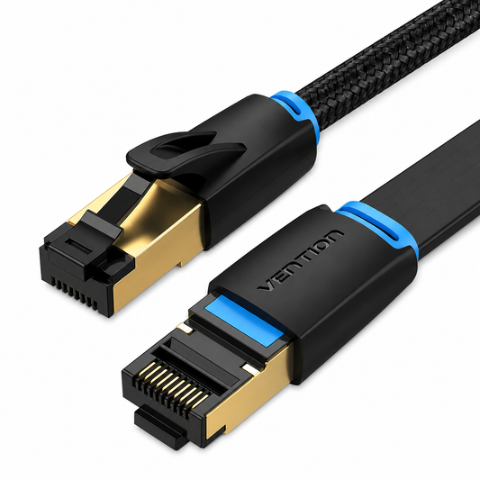 A close-up of a Vention HDMI cable with two connectors, featuring a black braided outer sheath, black and blue plastic housing, and gold-plated metal contacts, set against a plain white background.