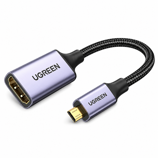 UGREEN HDMI female to Micro-USB male adapter cable with a metallic lavender-purple housing, black braided cord, and gold-plated connectors on a white background.