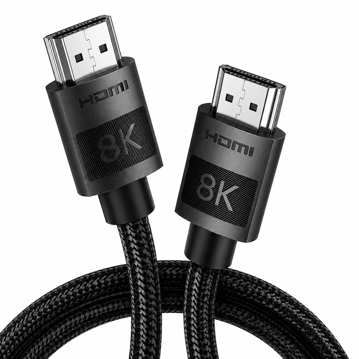 Black 8K HDMI cable with braided fabric jacket and metal connector ends, shown on a white background.