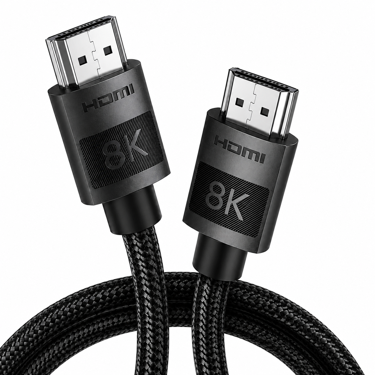 Black 8K HDMI cable with braided fabric jacket and metal connector ends, shown on a white background.