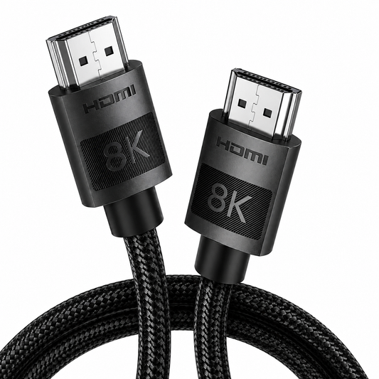 Black 8K HDMI cable with braided fabric jacket and metal connector ends, shown on a white background.