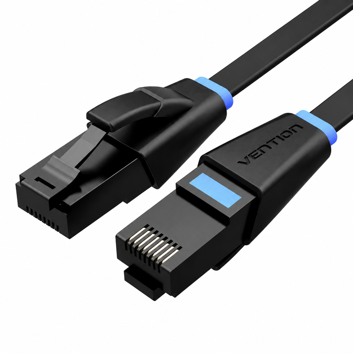 Black Vention Ethernet cable with RJ45 connectors, featuring blue accent bands and a blue status window on the connector housing, shown on a white background.