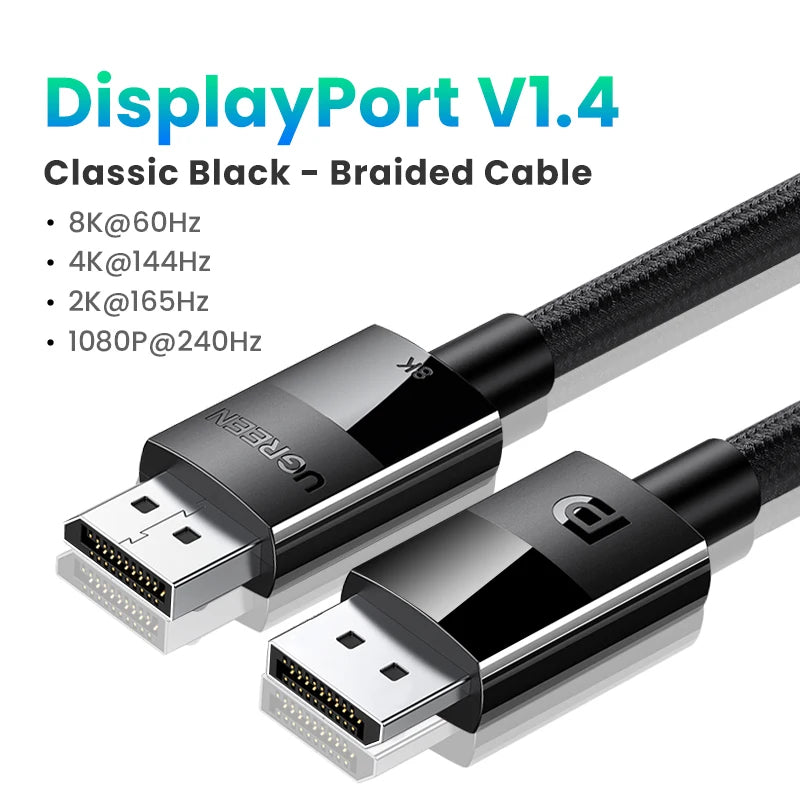 DisplayPort V1.4 cable with braided design on a white background