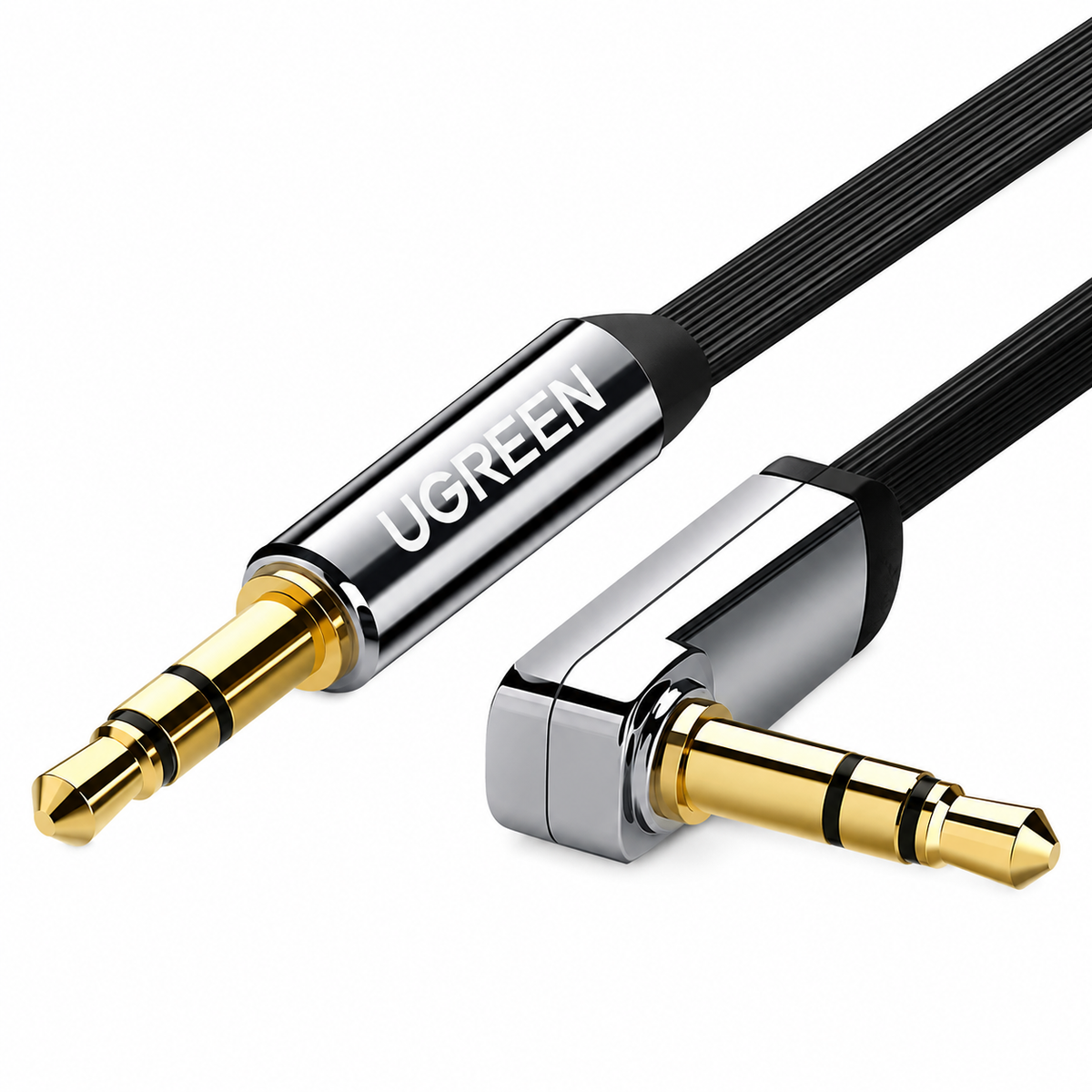 UGREEN right-angle audio cable with gold-plated 3.5mm plug connectors and a black braided cord, shown on a clean white background.