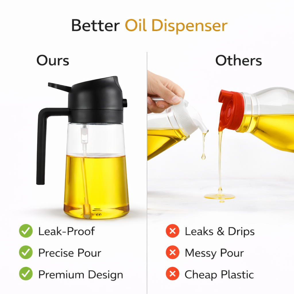 Comparison of a better oil dispenser with other options on a white background