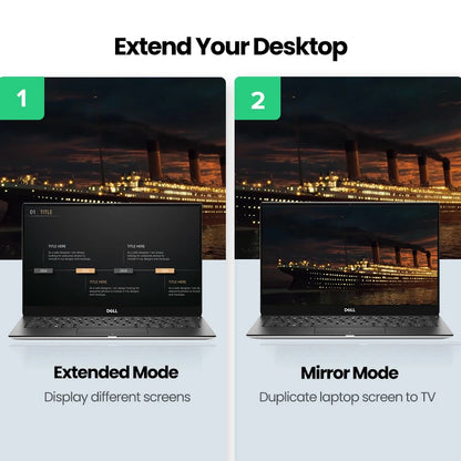 A promotional comparison graphic for a Dell laptop showing two modes: Step 1 Extended Mode with a laptop displaying a desktop setup, and Step 2 Mirror Mode with the same laptop screen duplicated behind a TV showing a Titanic scene.