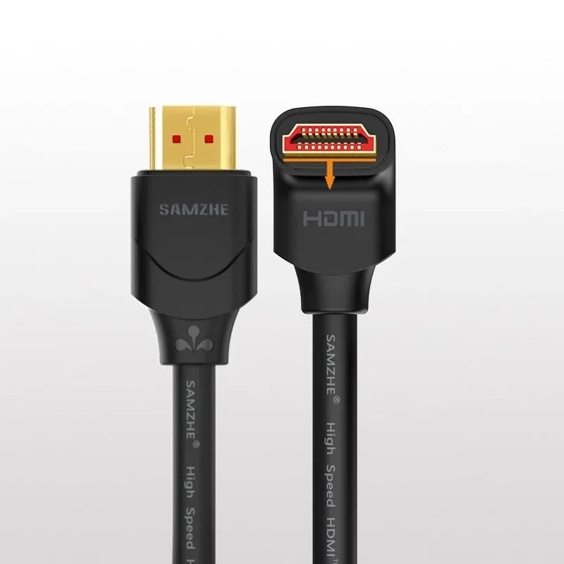 HDMI cable with one end showing 'SAMZHE' branding and the other end showing HDMI logo on a light gray background.