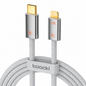 A coiled light gray braided USB-C to Lightning cable with gold-plated connectors and a light gray loop clip printed with the brand name 'tooocki'.