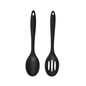 Two matte black kitchen utensils, a spoon and a slotted serving spoon, shown upright against a plain white background.