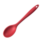 A single red silicone kitchen spoon with a hanging hole in the handle, shown diagonally on a plain white background.
