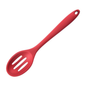 A red silicone slotted spoon with a hanging hole in the handle, shown diagonally on a plain white background.