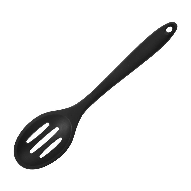 A black silicone slotted spoon with a hanging hole at the end of the handle, shown diagonally on a plain white background.