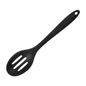 A black silicone slotted spoon with a hanging hole at the end of the handle, shown diagonally on a plain white background.