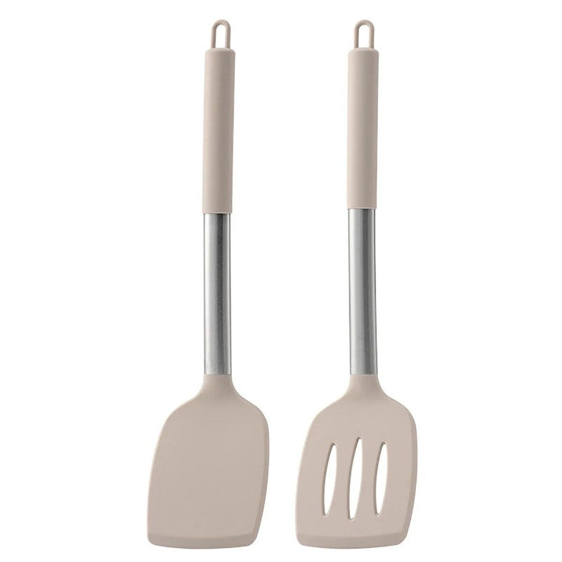 Two beige kitchen utensils with metal handles on a white background