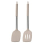 Two beige kitchen utensils with metal handles on a white background