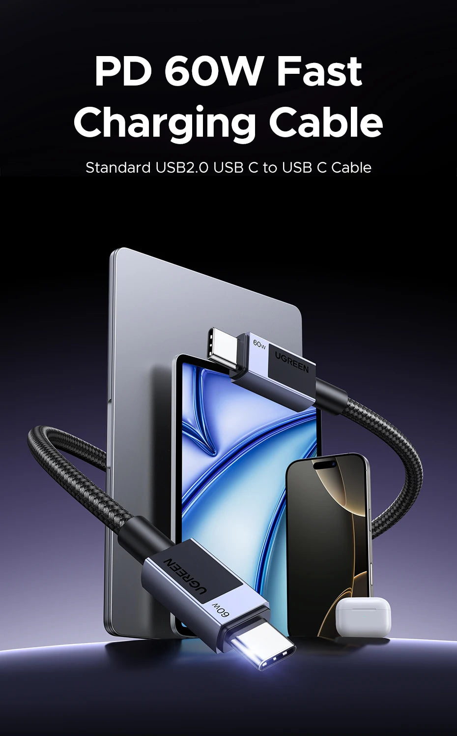 A black braided PD 60W fast charging cable shown with a laptop, smartphone, and earbud case on a dark gradient background. White text at the top reads 'PD 60W Fast Charging Cable' and 'Standard USB2.