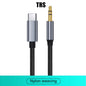 A USB-C to 3.5mm audio adapter cable with a silver USB-C connector, a gold-plated 3.