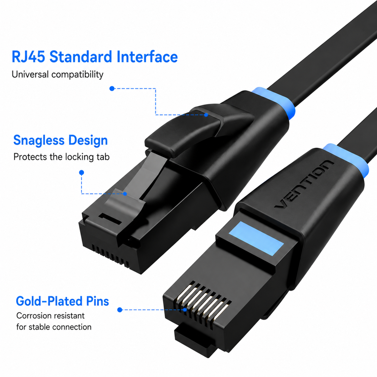 Black RJ45 Ethernet cable with detailed feature callouts on a white background, showing the connector design, gold-plated pins, and blue accent rings.