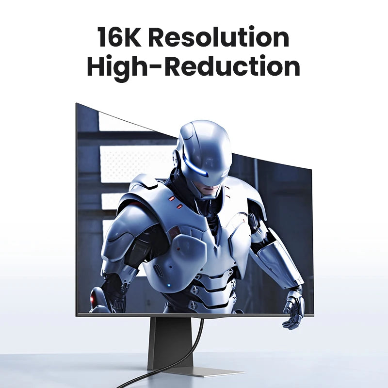 A computer monitor on a stand displaying a futuristic armored robot, with the text '16K Resolution High-Reduction' above it on a clean white background.