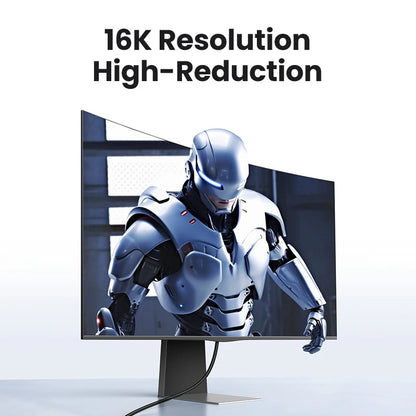 A computer monitor on a stand displaying a futuristic armored robot, with the text '16K Resolution High-Reduction' above it on a clean white background.