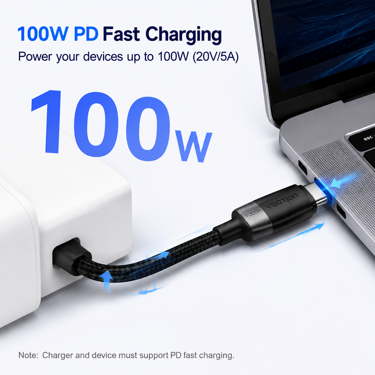 A USB-C to USB-C charging cable connected to a white power adapter and a silver laptop, with text highlighting 100W PD fast charging on a light gray background.